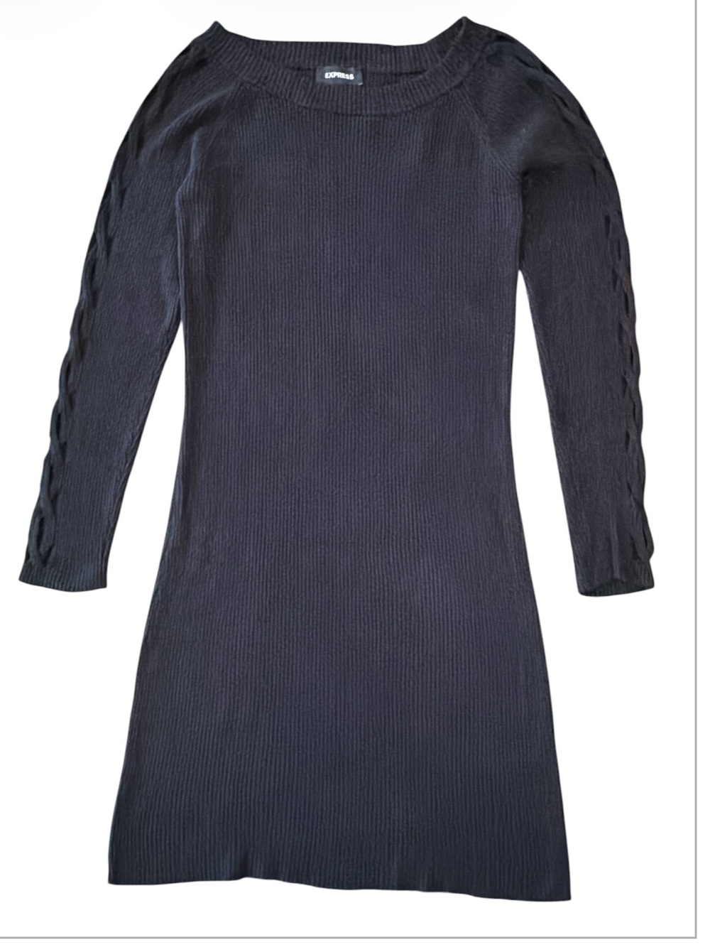 Express Black Ribbed Midi Dress with Braided Criss Cross Sleeve Detail Size XL